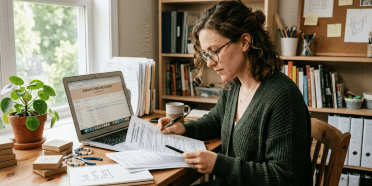 A woman typing on her laptop at home, surrounded by a comfortable and organized workspace.