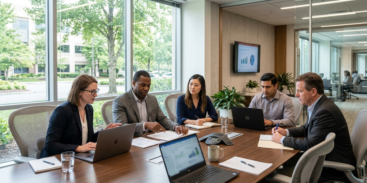 A diverse group of individuals seated at a conference table, participating in a business meeting.