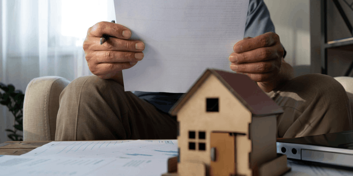 A man stands holding a house model in one hand and a document in the other, suggesting a focus on real estate or planning.